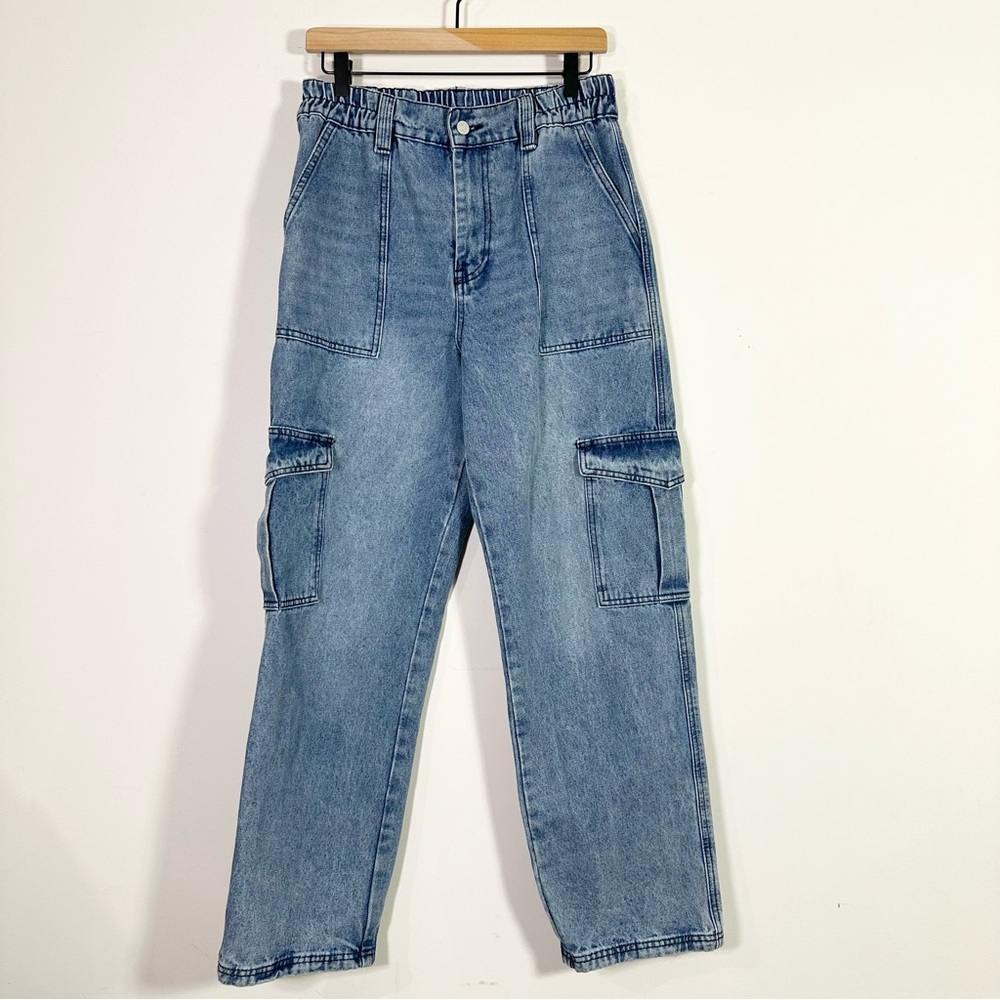 Blank NYC Elastic Waist Straight Leg High Rise Medium Wash Cargo Pants Jeans